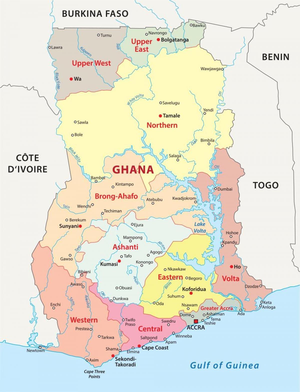 kaart van ghana wat distrikte